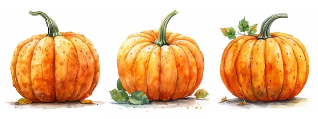 Des citrouilles à l'aquarelle dessinées à la main Décoration de Thanksgiving ou d'Halloween Aquarelle Fêtes d'automne Gourds citrouilles oranges Légumes mûres Squash jeu d'illustrations dessiné à la main