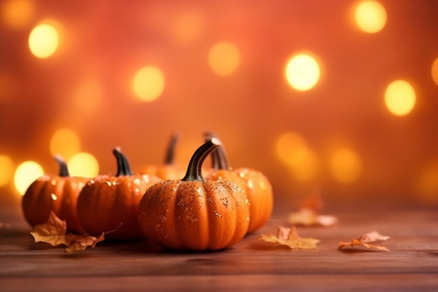 Citrouilles aux feuilles d'automne sur fond orange