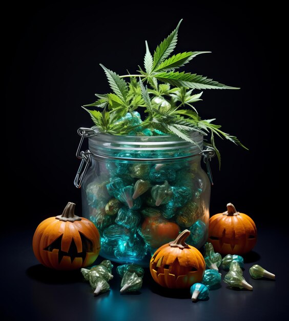 Photo des citrouilles et des bonbons d'halloween à la marihuana une fusion capricieuse de pinces à papier vert clair et clair