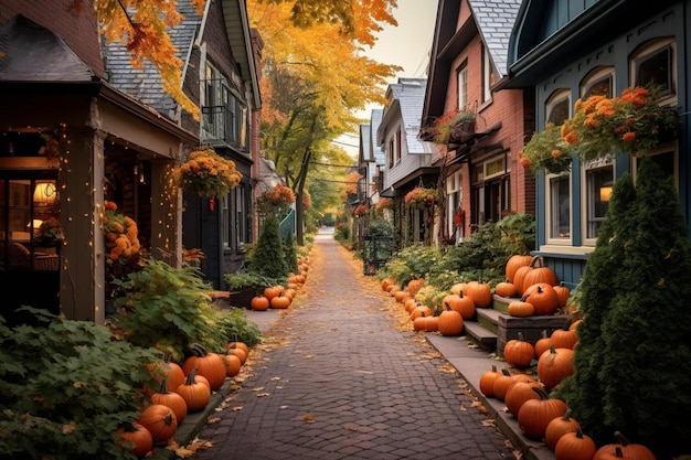 Des citrouilles bordent une rue devant une maison.