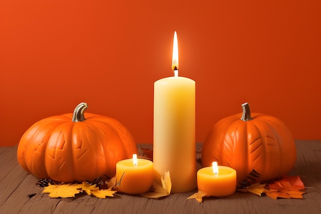 Des citrouilles et des bougies sont posées sur une table avec un fond orange foncé