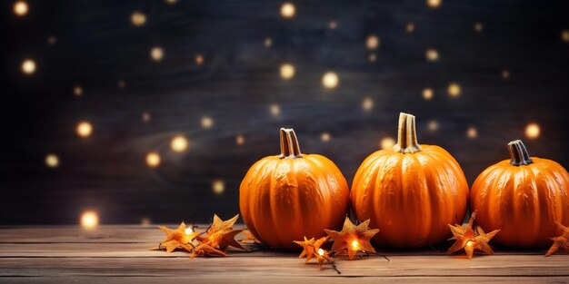 Citrouilles et bougies sur une table en bois avec toile de fond en bois Fond d'Halloween IA générative