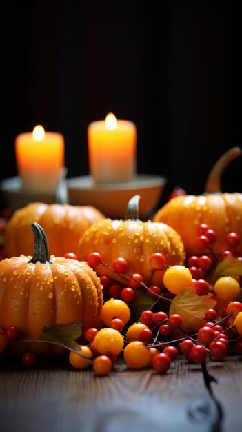 Photo des citrouilles et des bougies sur une table en bois.