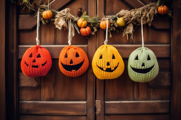 Citrouilles colorées tricotées à la porte d'entrée décorée d'halloween Generative AI