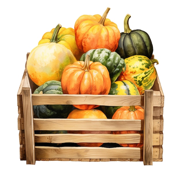 Citrouilles et courges dans un style aquarelle de caisse en bois isolé