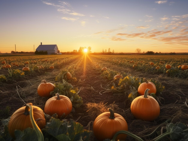 citrouilles dans un champ au coucher du soleil