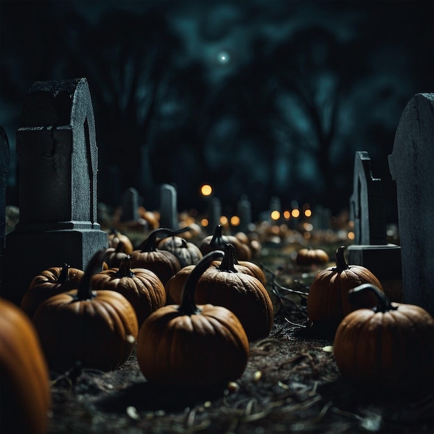 Des citrouilles dans le cimetière dans la nuit effrayante d'Halloween