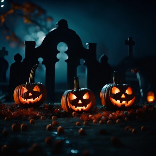 Des citrouilles dans le cimetière dans la nuit effrayante d'Halloween