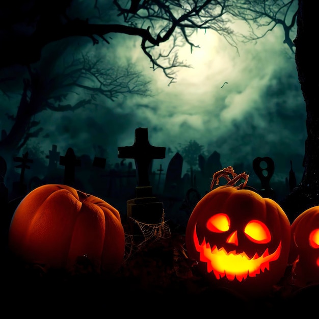 Des citrouilles dans le cimetière dans la nuit effrayante d'Halloween