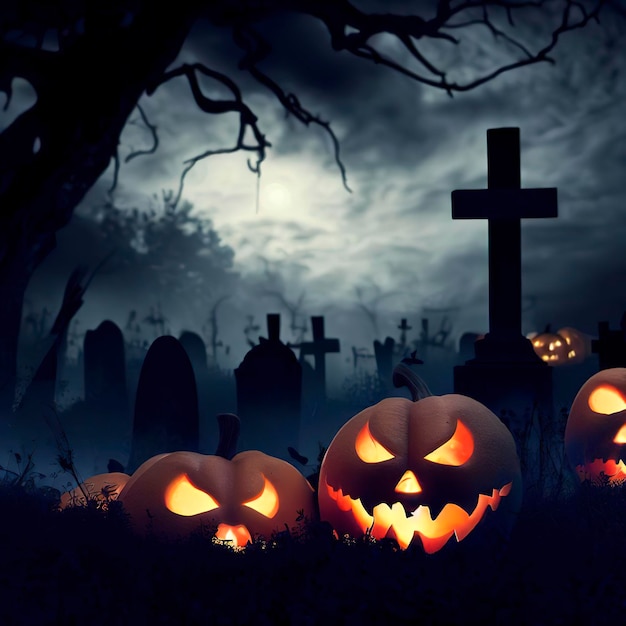 Des citrouilles dans le cimetière dans la nuit effrayante d'Halloween