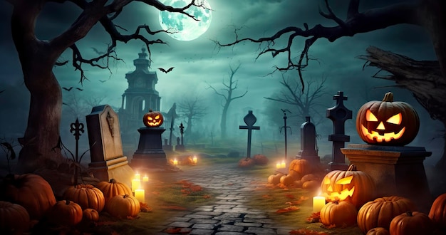 Citrouilles dans le cimetière dans la nuit effrayante toile de fond d'Halloween