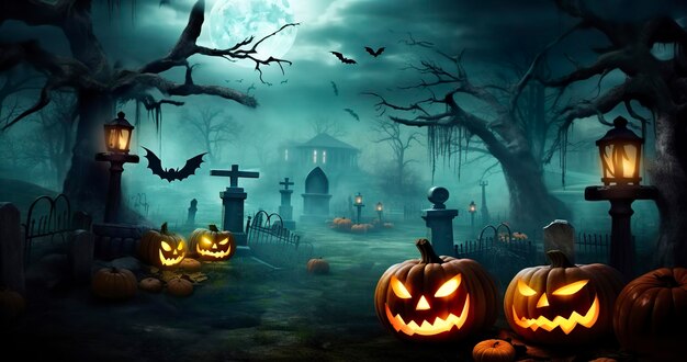 Photo citrouilles dans le cimetière dans la nuit effrayante toile de fond d'halloween
