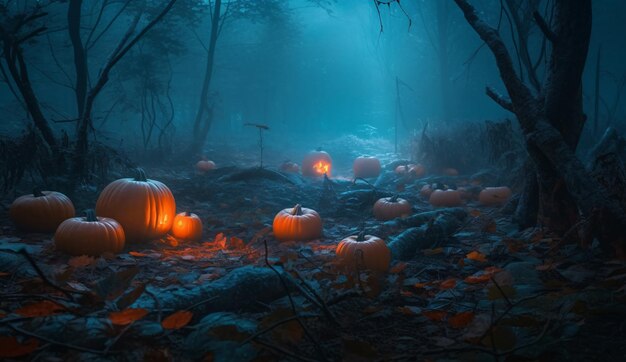 Citrouilles dans le cimetière dans la toile de fond effrayante de la nuit d'Halloween