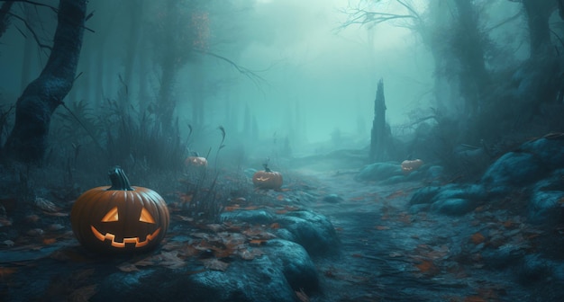 Citrouilles dans le cimetière dans la toile de fond effrayante de la nuit d'Halloween