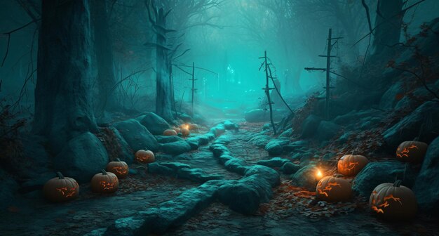 Citrouilles dans le cimetière dans la toile de fond effrayante de la nuit d'Halloween