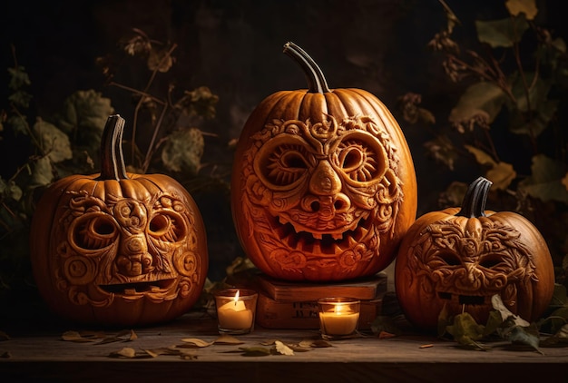 Citrouilles dans le cimetière dans la toile de fond effrayante de la nuit d'Halloween