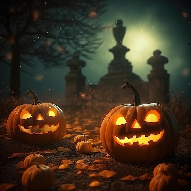 Citrouilles dans le cimetière dans la toile de fond effrayante de la nuit d'Halloween