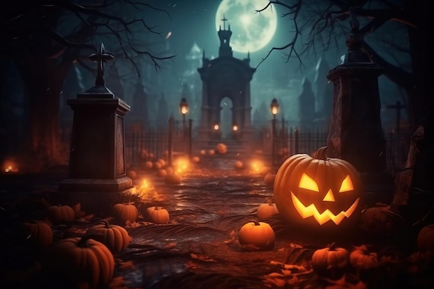 Citrouilles dans le cimetière dans la toile de fond effrayante de la nuit d'Halloween