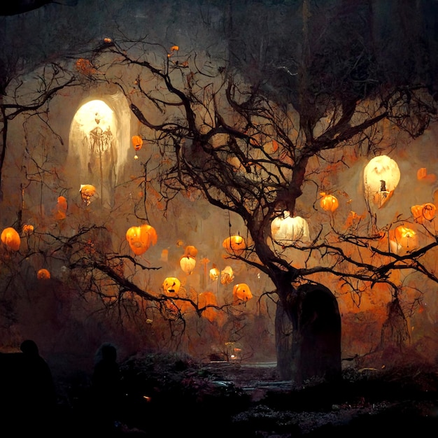 Citrouilles dans le cimetière dans la toile de fond effrayante de la nuit d'Halloween