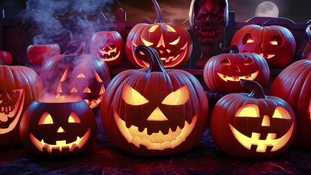 Des citrouilles décoratives d'Halloween avec de l'éclairage à l'intérieur et de la fumée