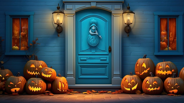 des citrouilles devant une porte bleue illustration d'art vectoriel