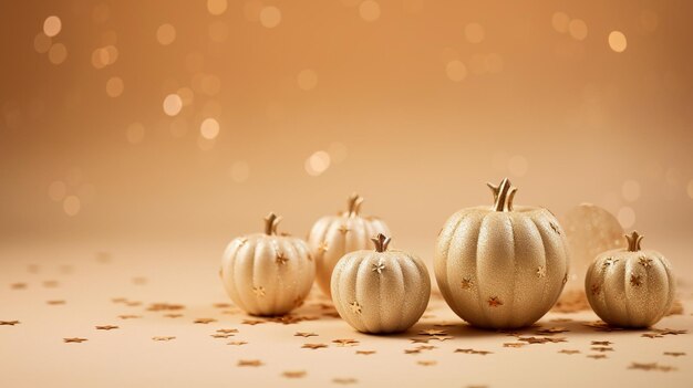 Des citrouilles dorées d'automne en étincelles décoration d'Halloween fond jaune