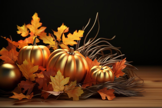 citrouilles dorées et feuilles d'automne sur une table en bois