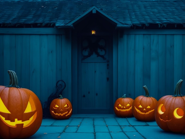 Photo les citrouilles effrayantes d'halloween font face devant la maison dans une nuit effrayante.