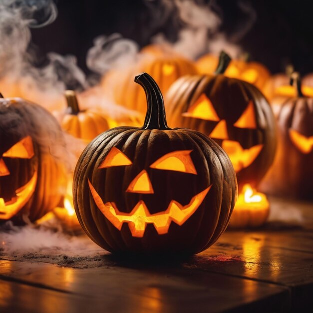 Photo des citrouilles faites à la main d'halloween éclairées à l'intérieur allongées sur le côté avec de la fumée pleine de couleur