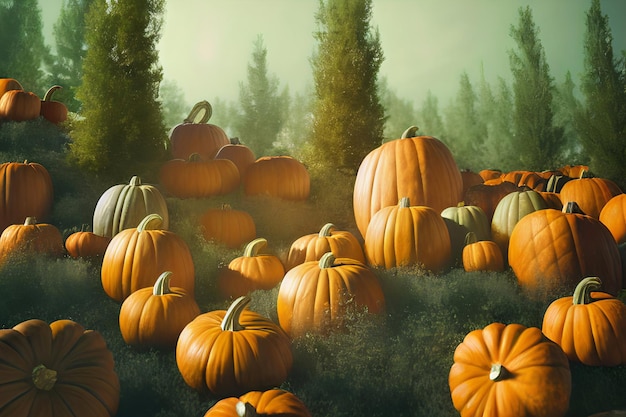 Citrouilles fantastiques dans la forêt magique Art généré par Ai