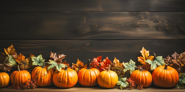 Des citrouilles avec des feuilles d'automne sur un fond en bois