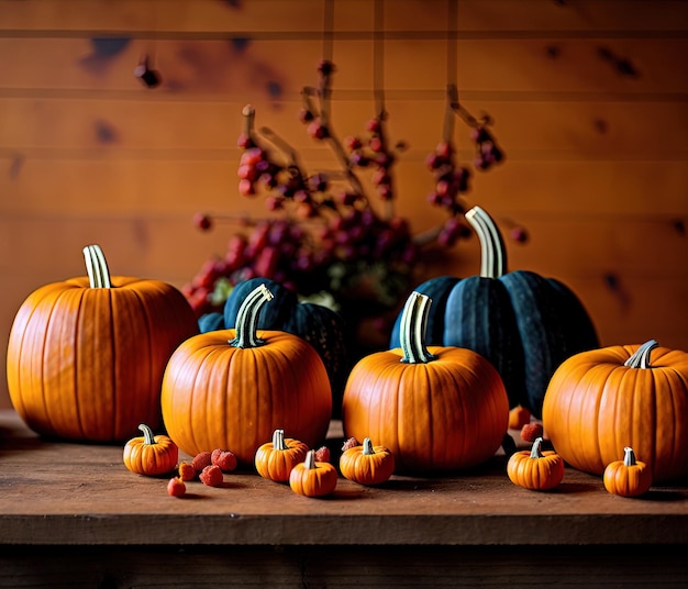 citrouilles et feuilles d'automne sur fond de bois