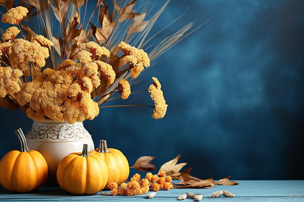 Citrouilles et fleurs d'oranger composition d'automne sur fond de béton bleu copie espace AI générative