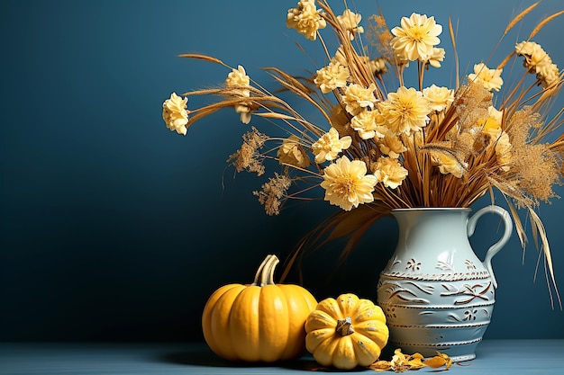 Citrouilles et fleurs d'oranger composition d'automne sur fond de béton bleu copie espace AI générative