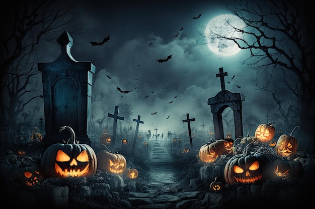 Citrouilles de fond d'Halloween dans le cimetière dans la nuit effrayante