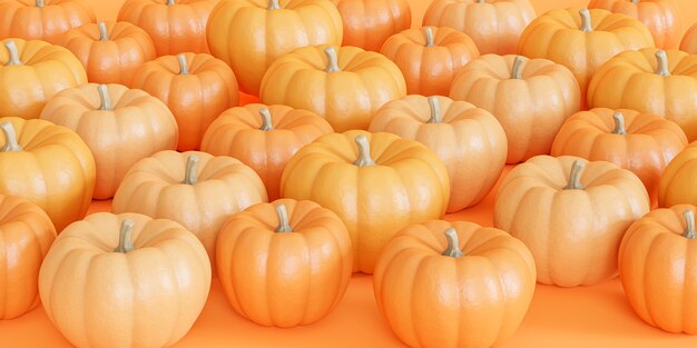 Citrouilles sur fond orange pour les vacances d'automne ou les ventes, rendu 3d