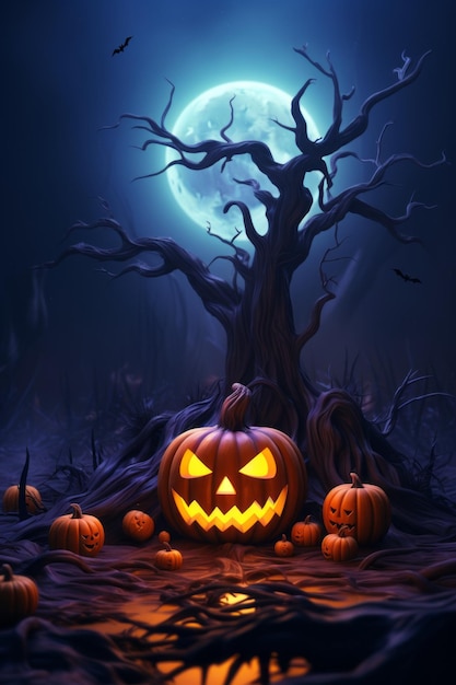 citrouilles d'Halloween et un arbre avec une pleine lune en arrière-plan