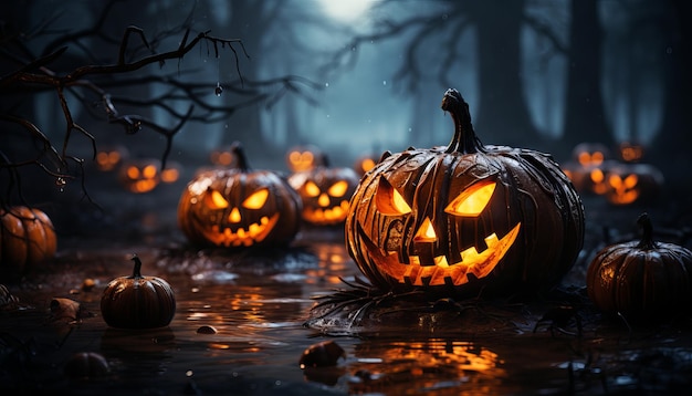 Des citrouilles d'Halloween sur le bois dans une forêt effrayante la nuit