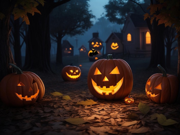 Citrouilles d'Halloween sur bois Fond d'Halloween dans la forêt de nuit avec la lune