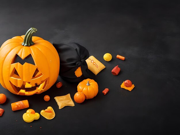 Citrouilles d'Halloween avec des bonbons sur l'espace de copie de fond noir