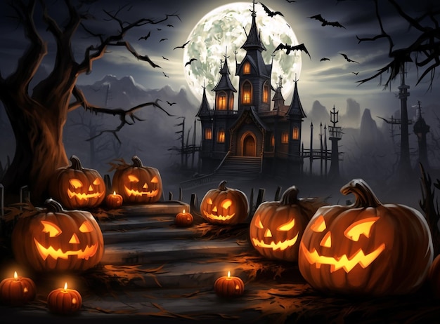 Des citrouilles d'Halloween avec des bougies et des chauves-souris un château effrayant en arrière-plan