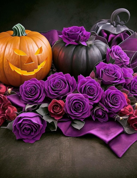 Photo citrouilles d'halloween avec des bougies et des roses