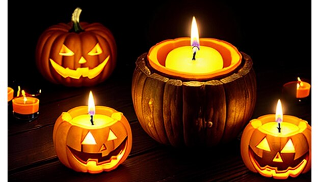 Des citrouilles d'Halloween avec des bougies sur une table en bois.