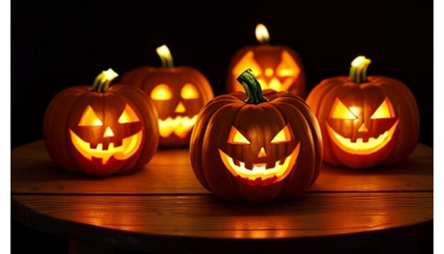 Des citrouilles d'Halloween avec des bougies sur une table en bois.