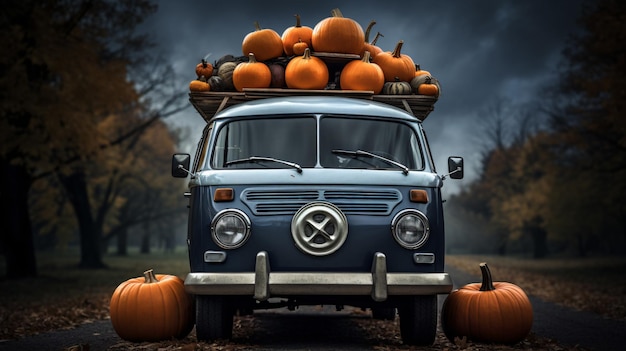 Photo citrouilles d'halloween sur une camionnette vintage