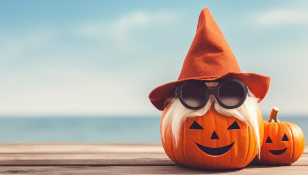 Des citrouilles d'Halloween avec chapeau et lunettes de soleil sur une table en bois avec fond de mer