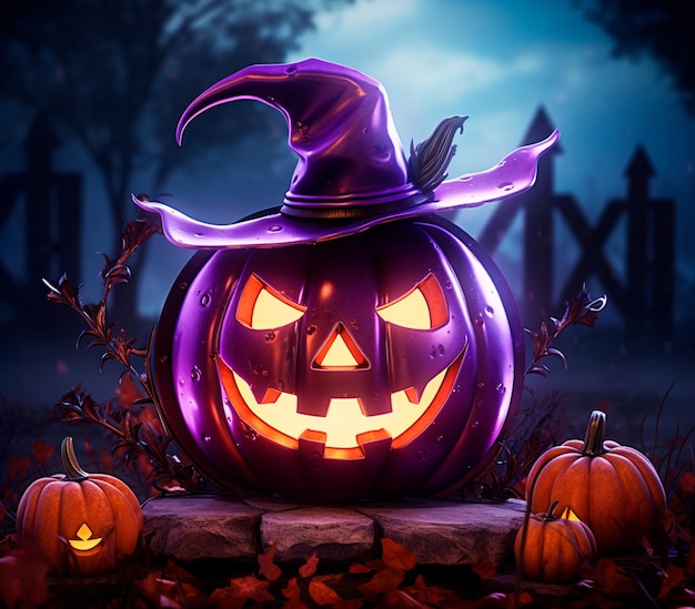 des citrouilles d'Halloween et un chapeau de sorcière sur un fond violet