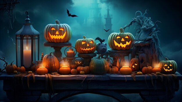 Citrouilles d'Halloween et château sombre Dans le cimetière sur fond de lune bleue dans la nuit effrayante Toile de fond d'Halloween