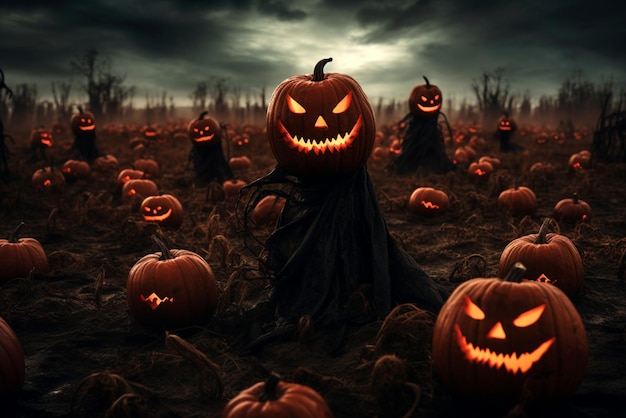 citrouilles d'Halloween dans un champ avec des nuages sombres