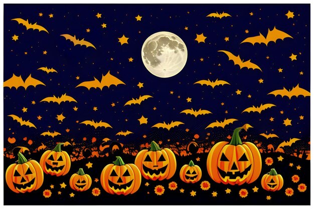 Des citrouilles d'Halloween dans le ciel nocturne avec des chauve-souris et des chauves-souris